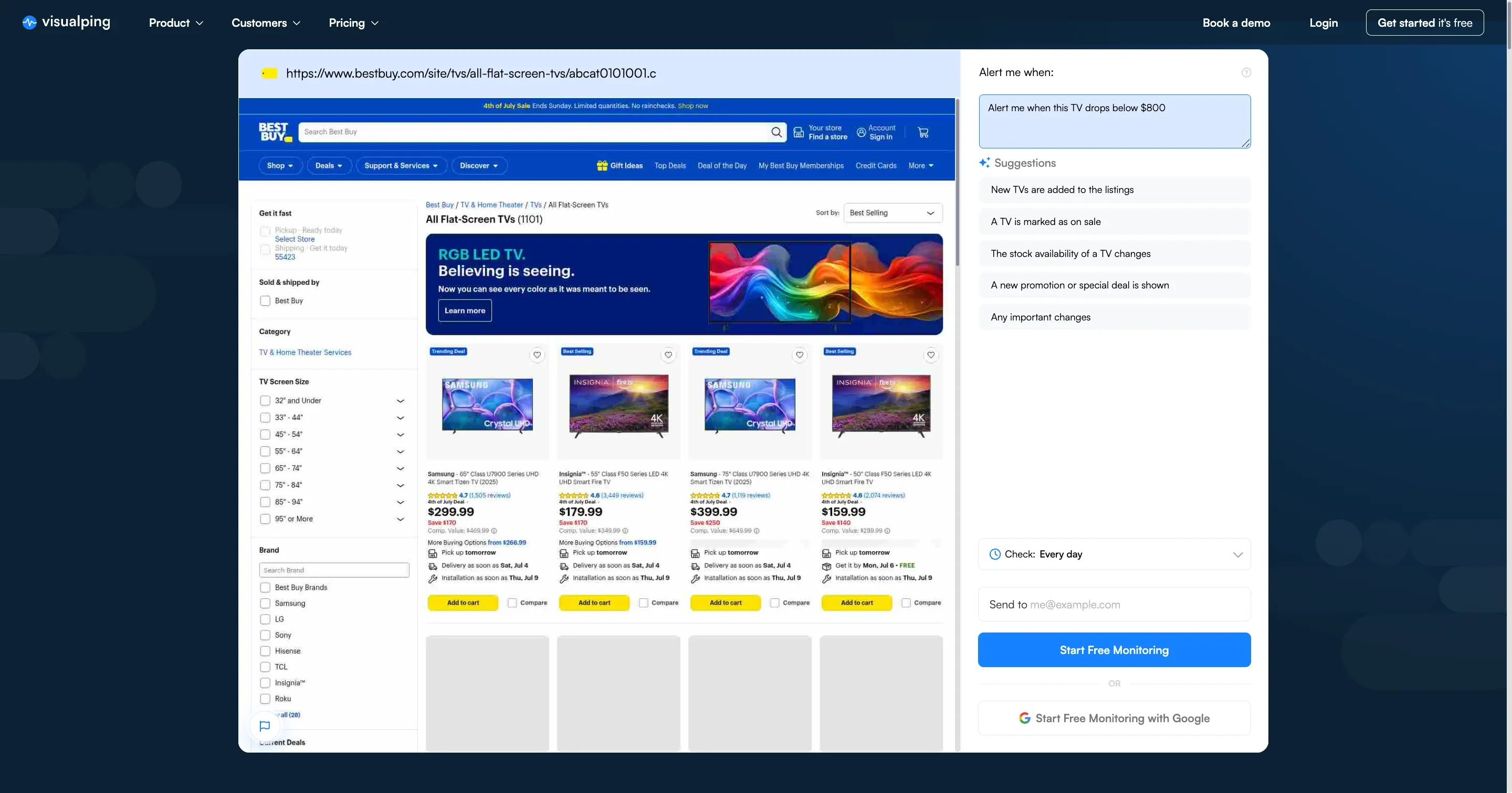 Visualping monitoring Best Buy flat-screen TVs with a price drop alert prompt