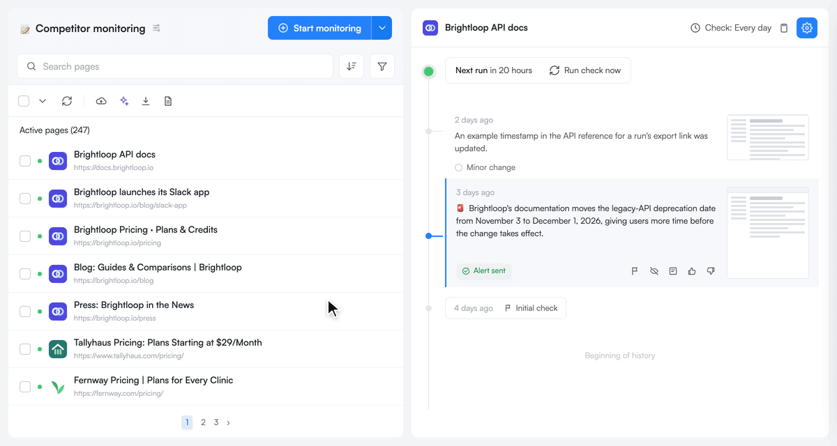 Visualping monitor list: search for pricing pages, select all jobs, open Settings and change the schedule to every week