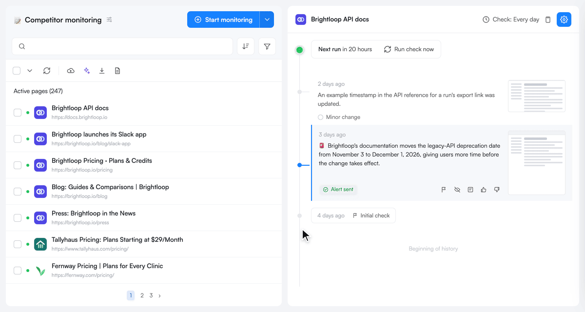 Visualping Bulk tab: paste a list of URLs, page titles load and duplicate pages are flagged