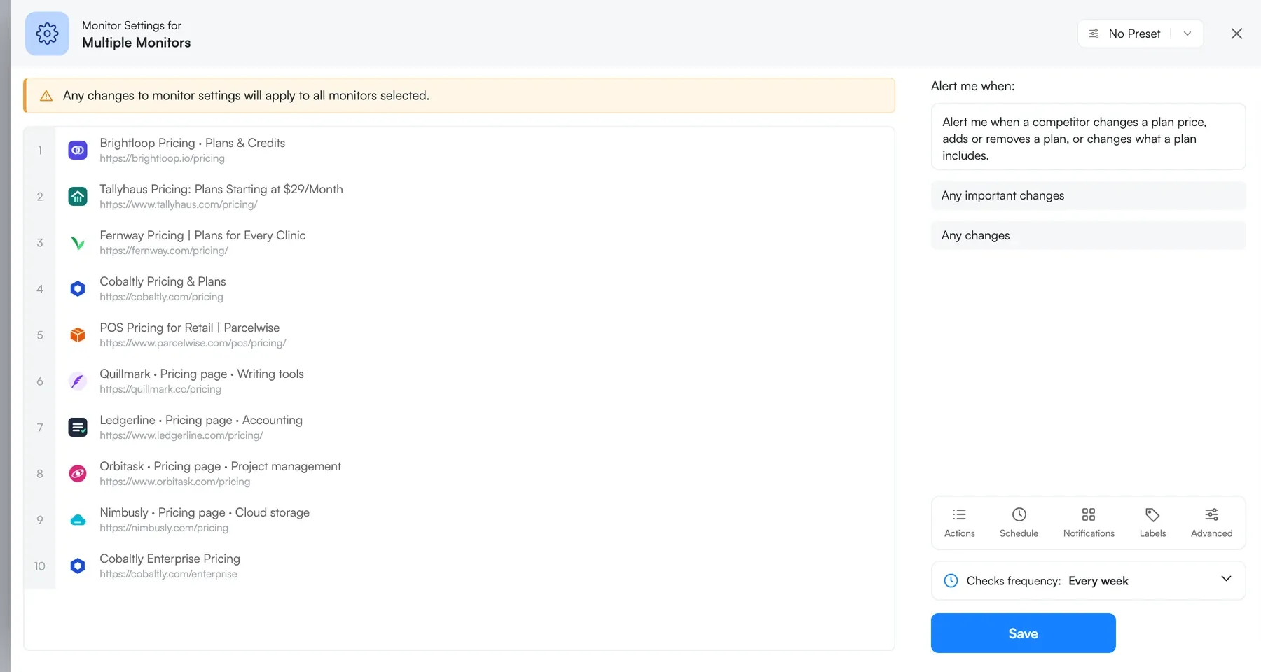 Visualping Bulk Settings window with the all-monitors banner, an AI alert condition and checks frequency set to every week