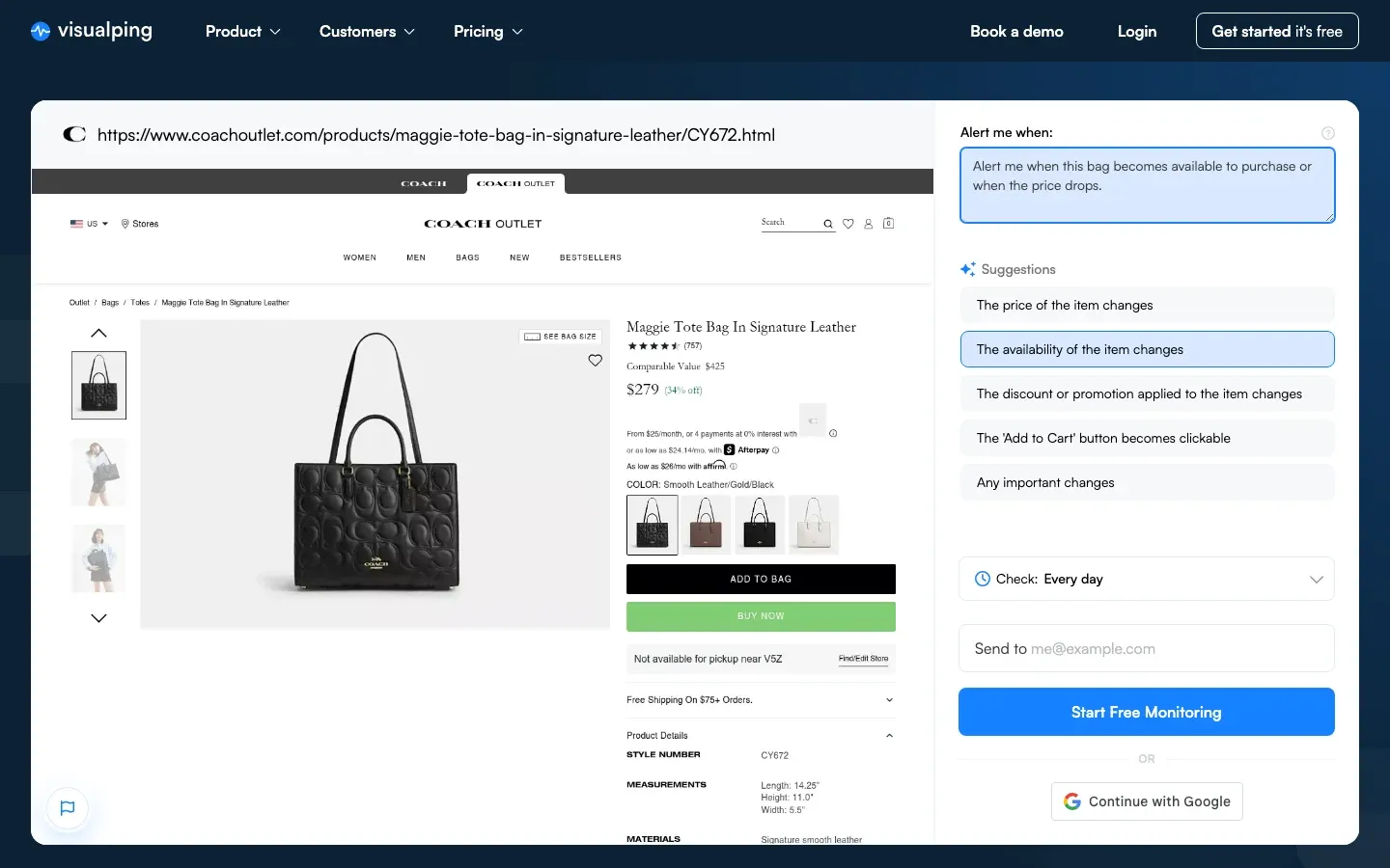 Visualping Important Alerts prompt set to notify on a Coach Outlet restock or price drop
