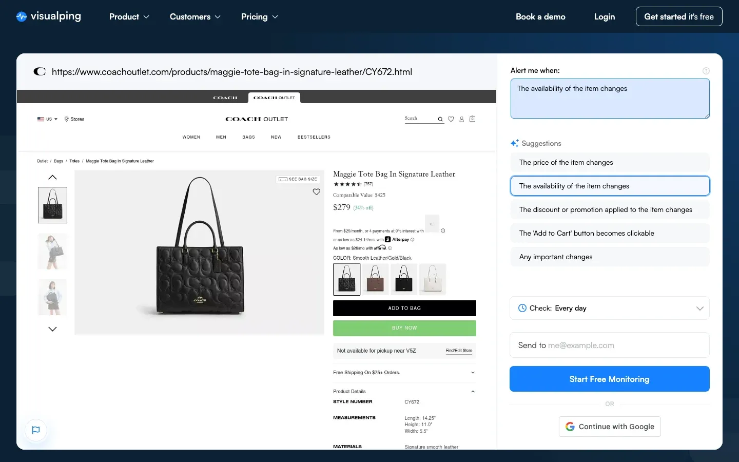 Visualping showing the Coach Outlet Maggie Tote page with the availability alert condition selected