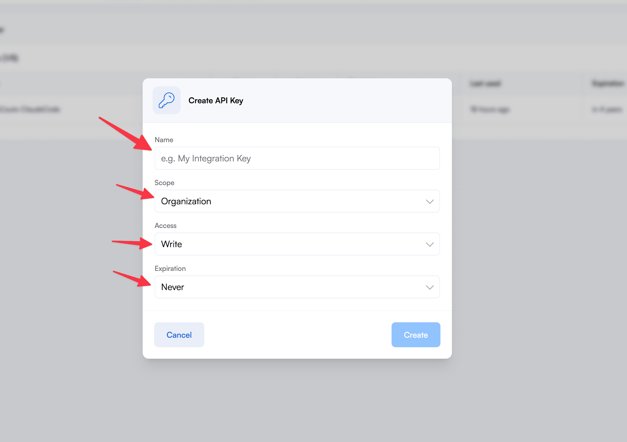 Visualping Create API Key modal showing Name, Scope, Access, and Expiration fields