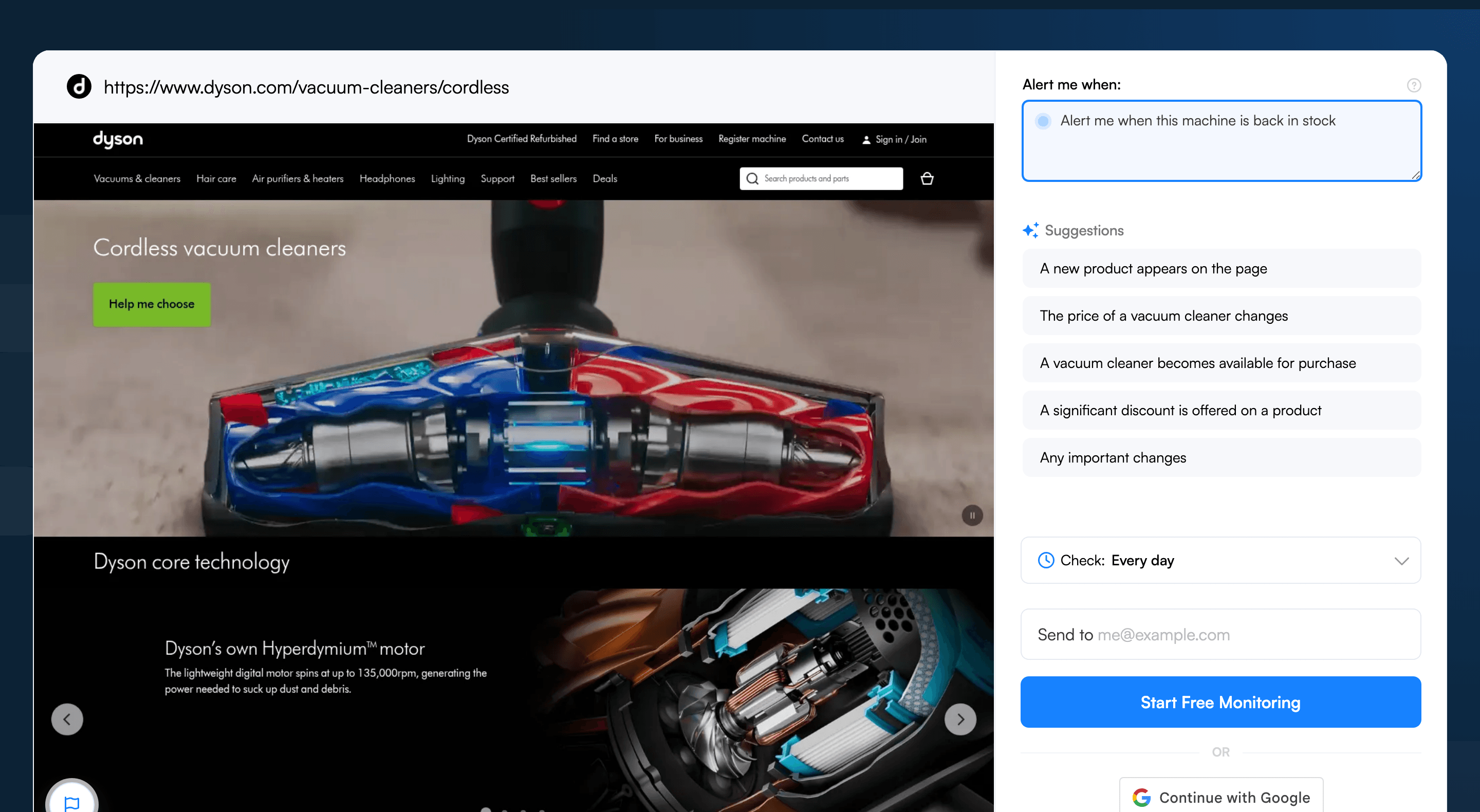 Visualping's Alert me when field with a Dyson-specific AI criteria entered next to the page preview