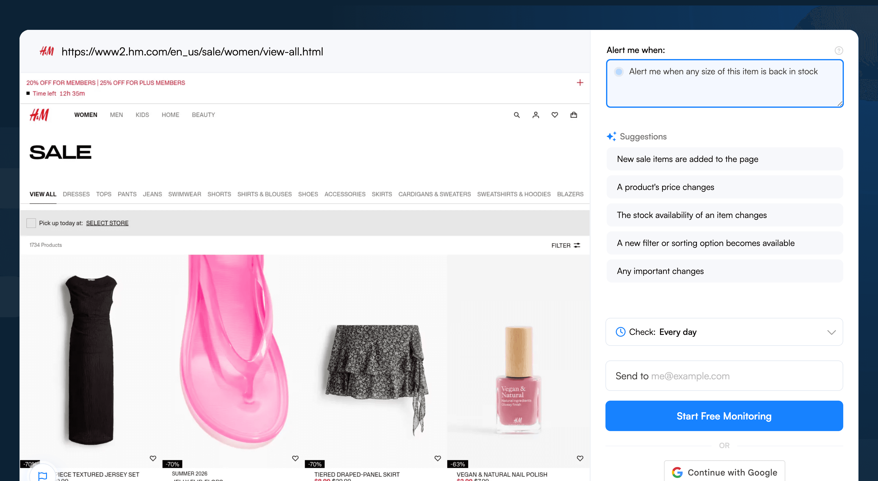 Visualping's Alert me when field with a H&M-specific AI criteria entered next to the page preview