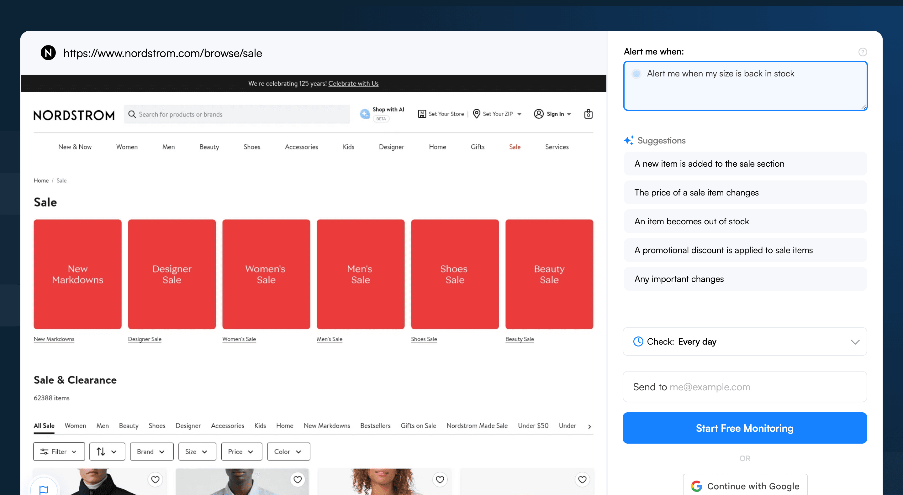 Visualping's Alert me when field with a Nordstrom-specific AI criteria entered next to the page preview