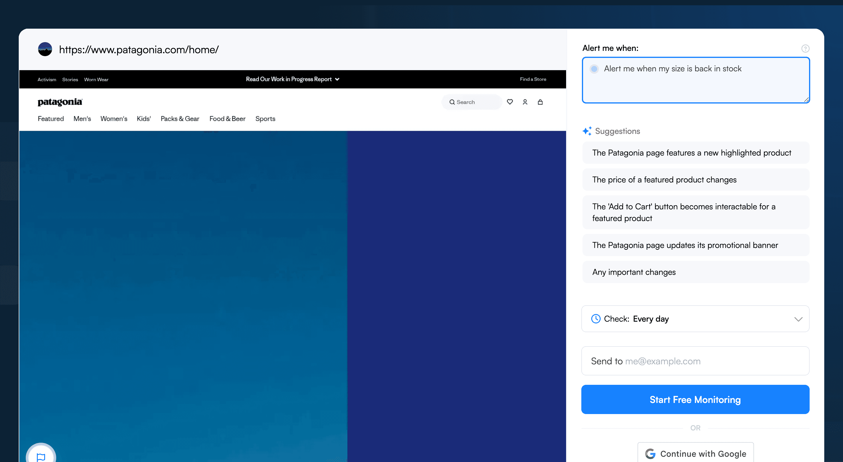 Visualping's Alert me when field with a Patagonia-specific AI criteria entered next to the page preview