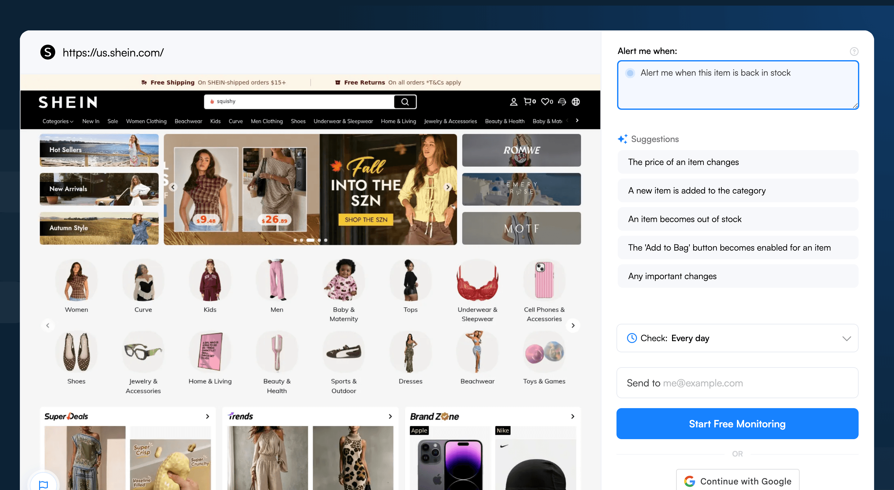 Visualping's Alert me when field with a Shein-specific AI criteria entered next to the page preview