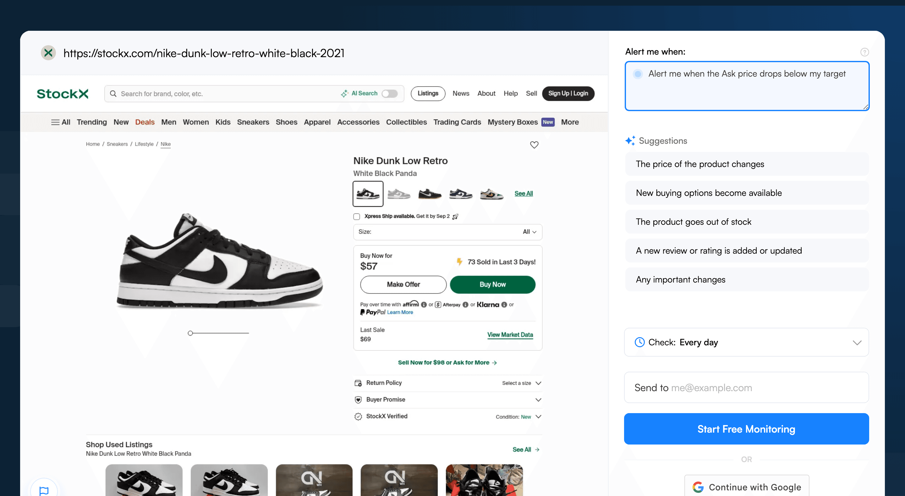 Visualping's Alert me when field with a StockX-specific AI criteria entered next to the page preview