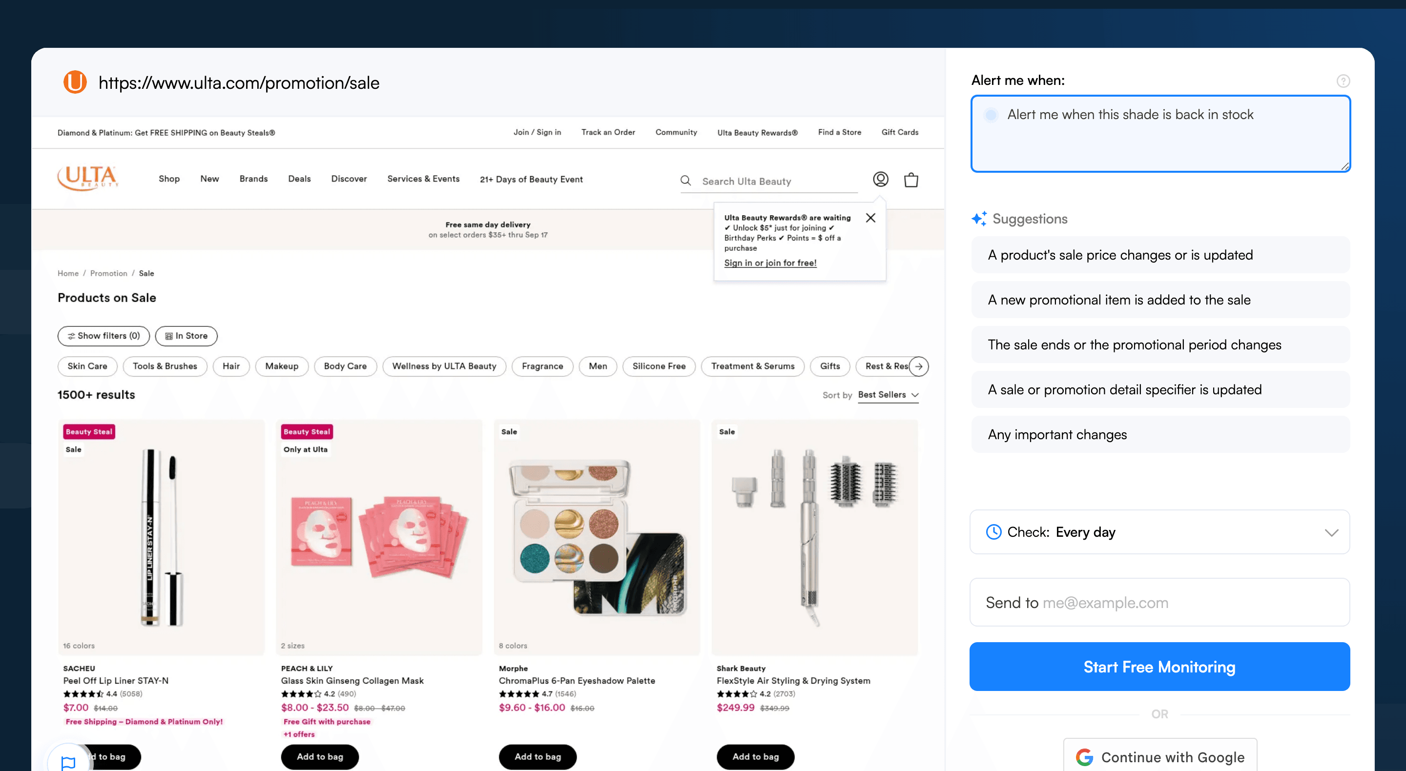 Visualping's Alert me when field with a Ulta-specific AI criteria entered next to the page preview