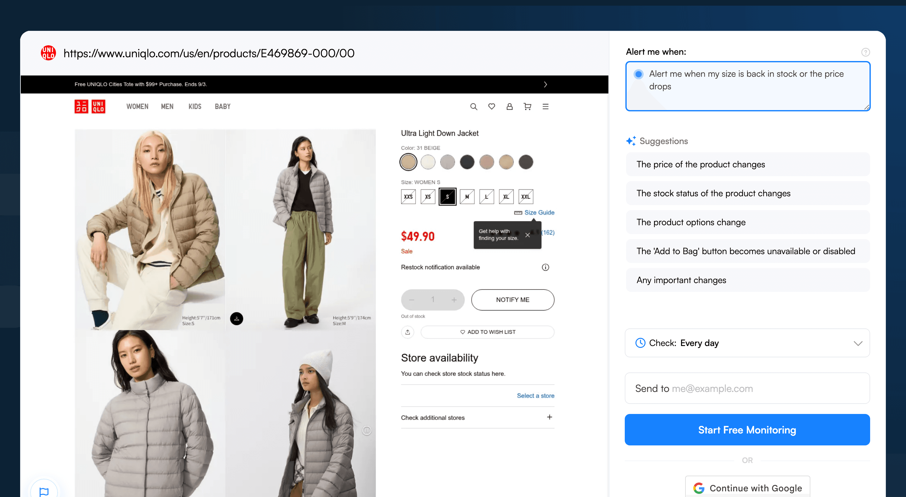 Visualping's Alert me when field with a Uniqlo-specific AI criteria entered next to the page preview