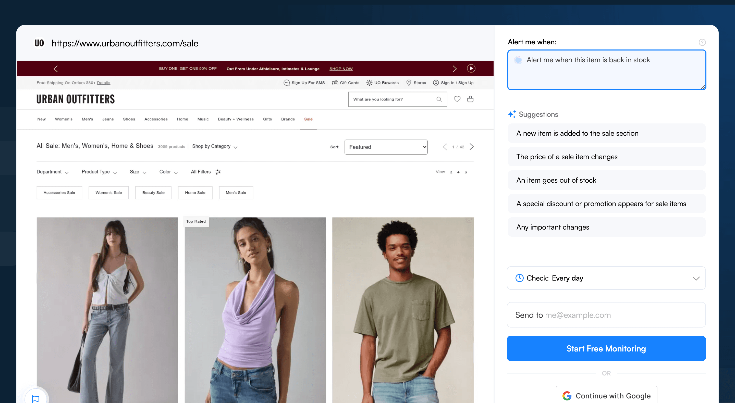 Visualping's Alert me when field with a Urban Outfitters-specific AI criteria entered next to the page preview