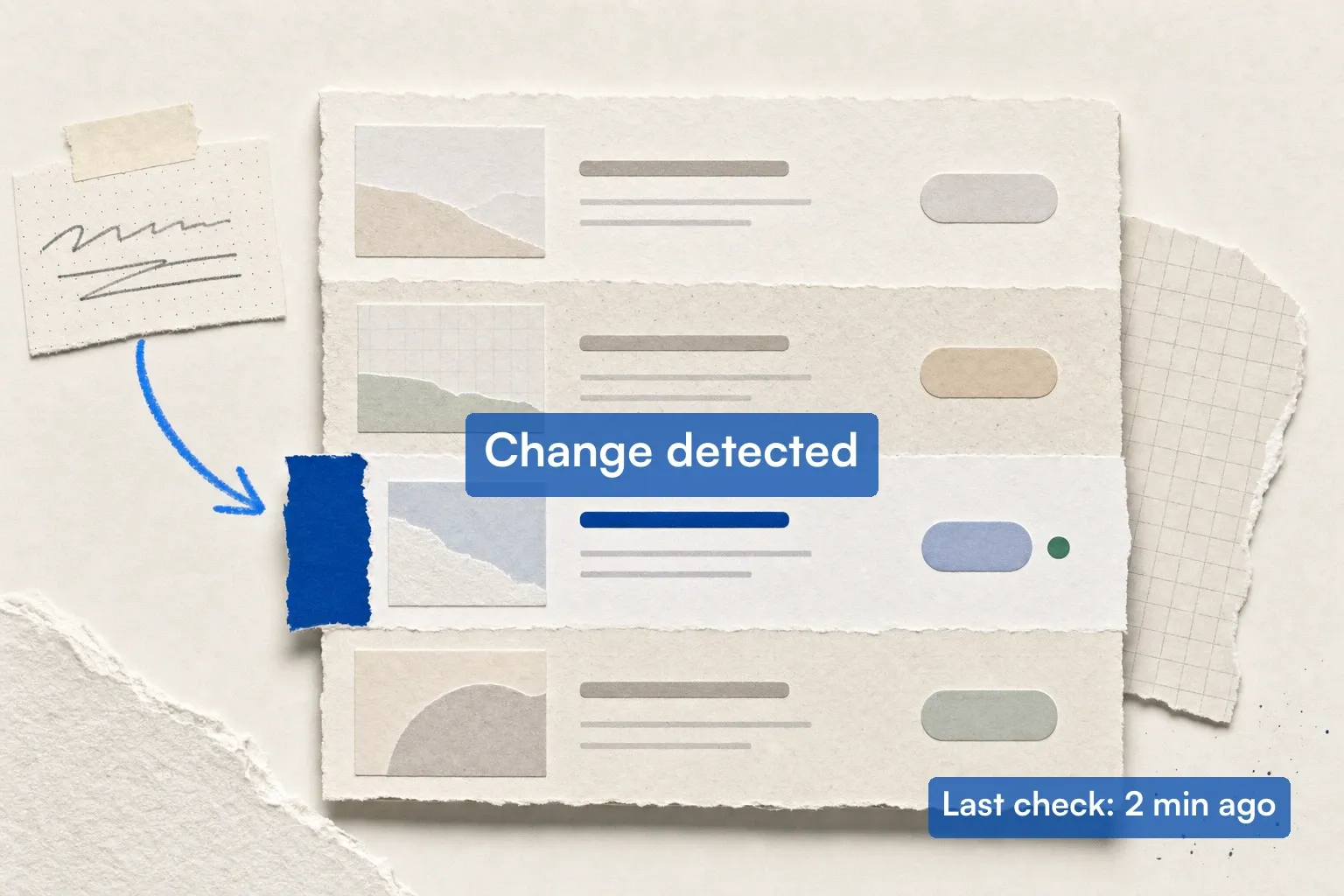 Visualping dashboard monitoring website pages with a change-detected alert highlighted