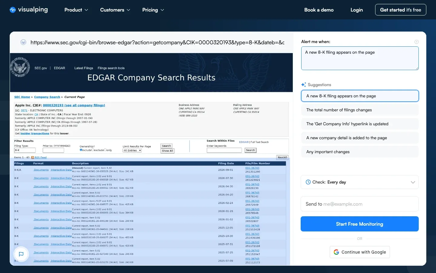 Visualping monitor setup on an EDGAR company search page for Apple 8-K filings, with the alert condition set to a new 8-K appearing