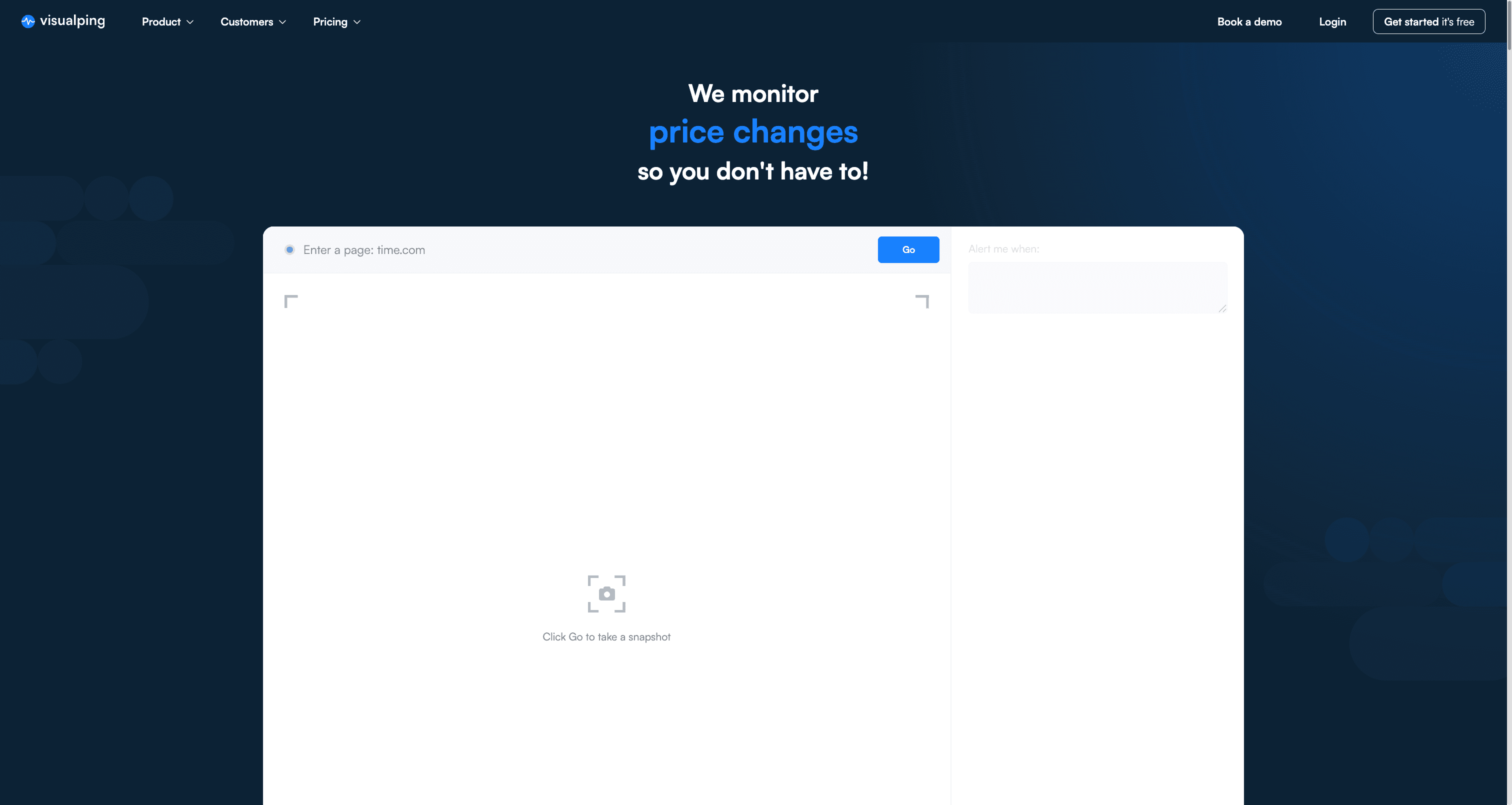 Visualping homepage showing the 'monitor competitors so you dont have to' hero