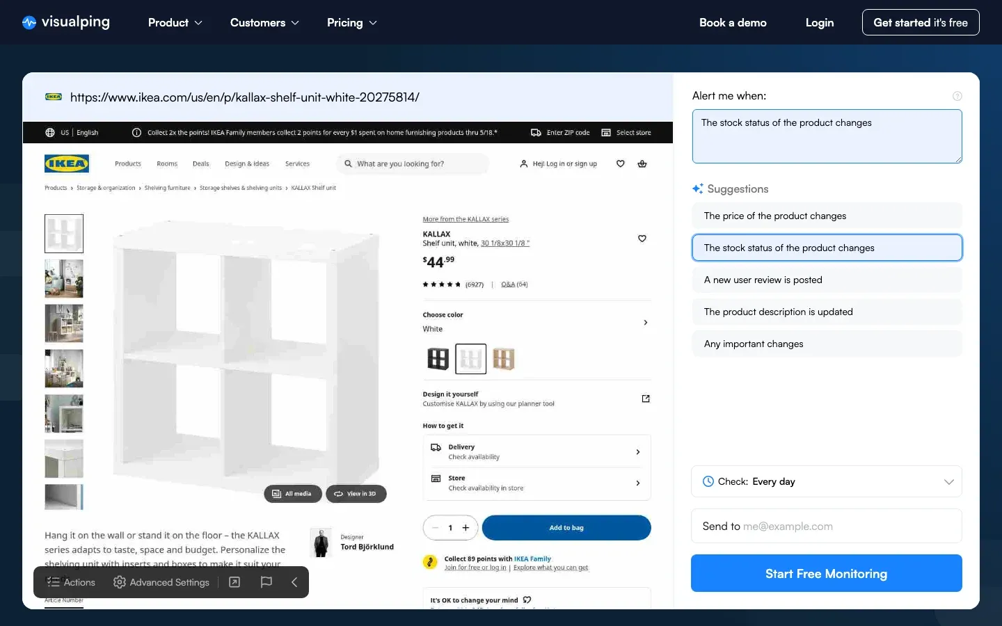 Visualping monitoring setup showing IKEA product page with stock status change criteria selected
