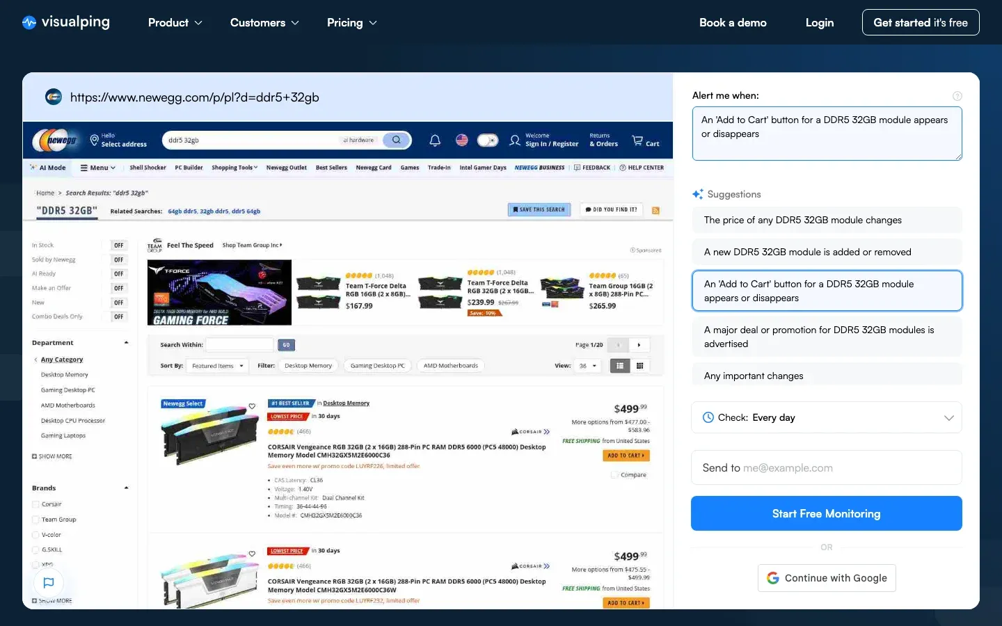 Visualping monitor setup on a Newegg DDR5 memory listing with the alert condition set to an Add to Cart button appearing or disappearing