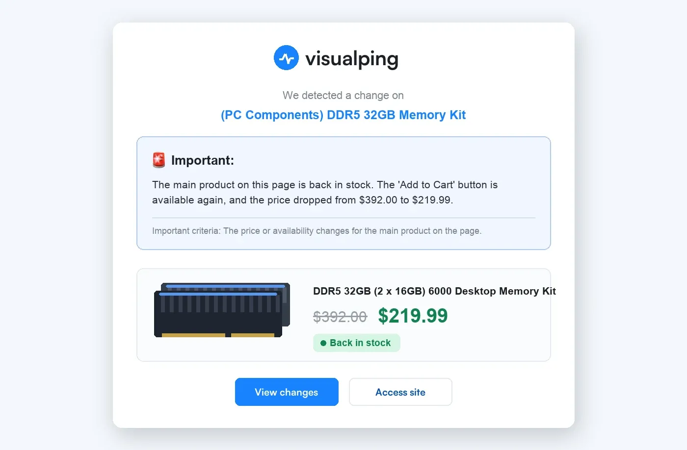 Simplified Visualping email alert leading with an Important summary that a DDR5 memory kit is back in stock, with the product and its price drop shown below