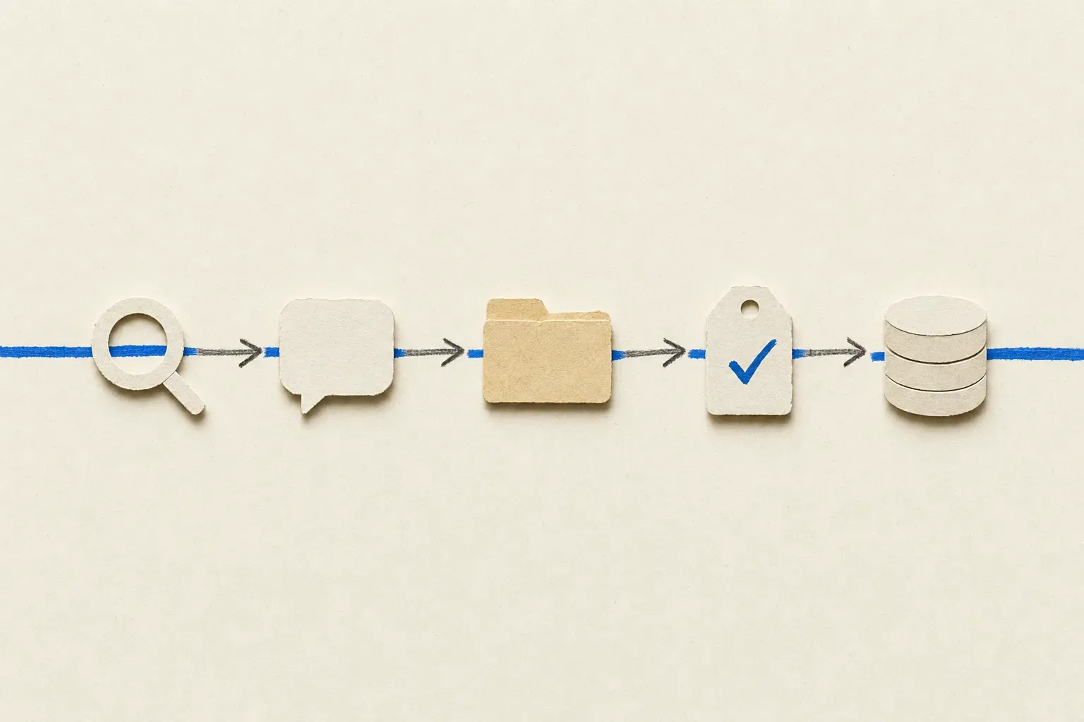 Editorial collage of the Unix-pipe philosophy applied to AI tools: five paper-cut tool icons arranged in a horizontal row, each connected to the next by a graphite arrow and a brand-blue data-flow line threading through all five