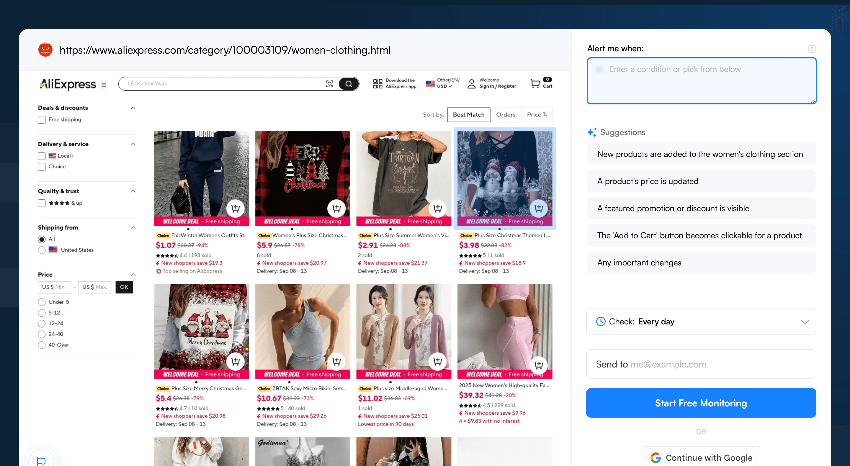 Visualping job creator with an AliExpress category URL pasted and AI alert suggestions shown