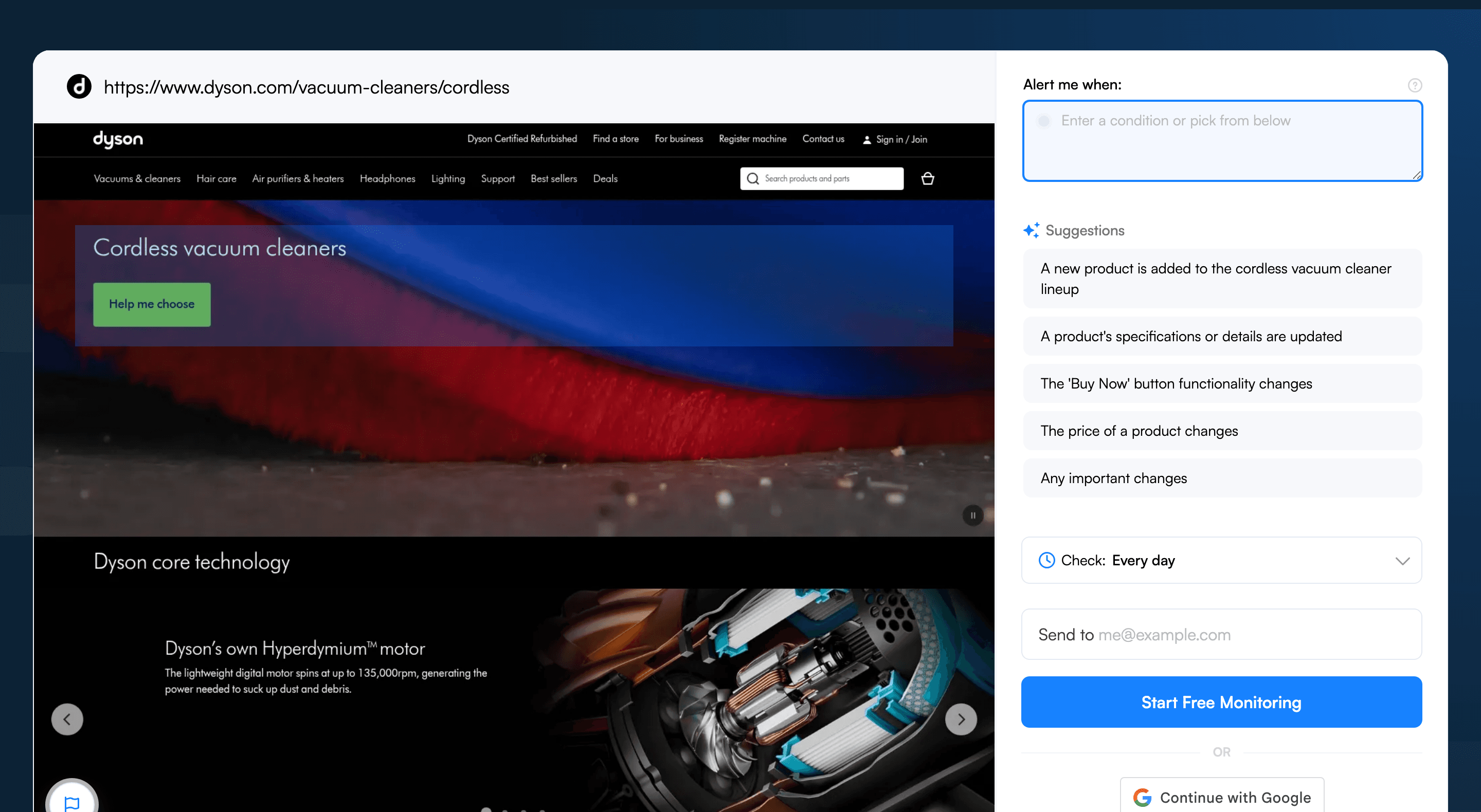 Visualping job creator with a Dyson category URL pasted, showing the page preview and AI alert suggestions