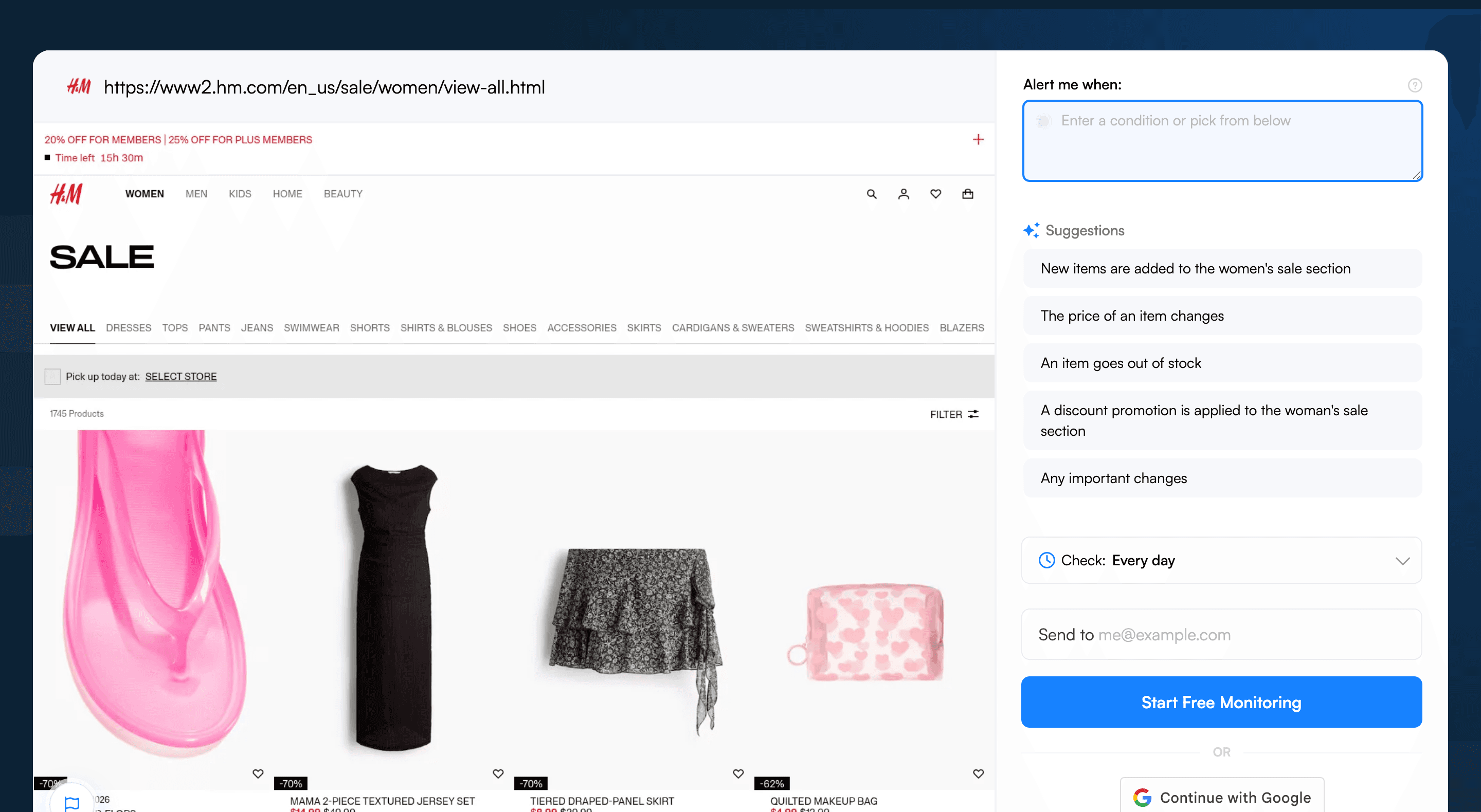 Visualping job creator with an H&M sale URL pasted, showing the page preview and AI alert suggestions