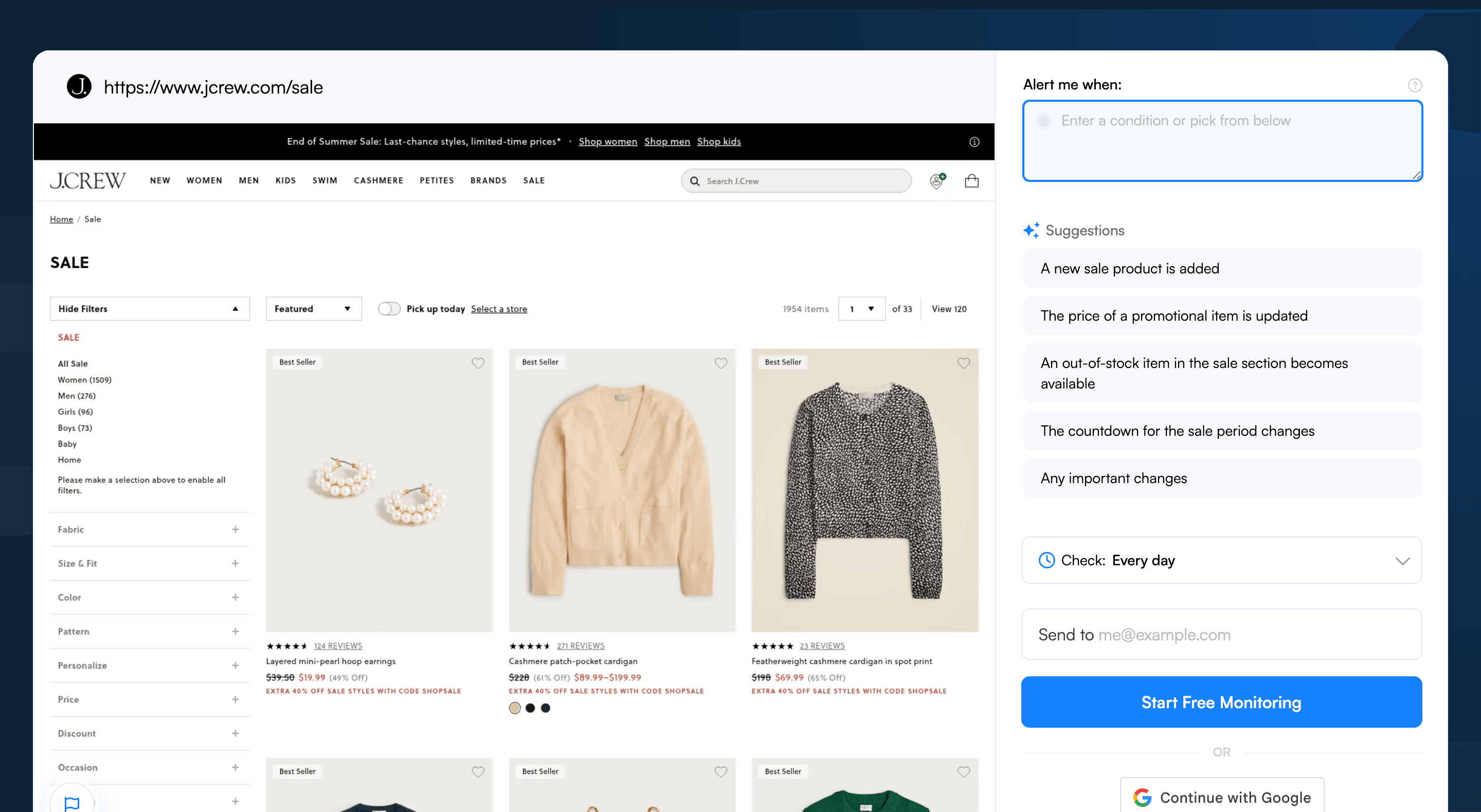 Visualping job creator with the J.Crew sale URL pasted, showing the page preview and AI alert suggestions