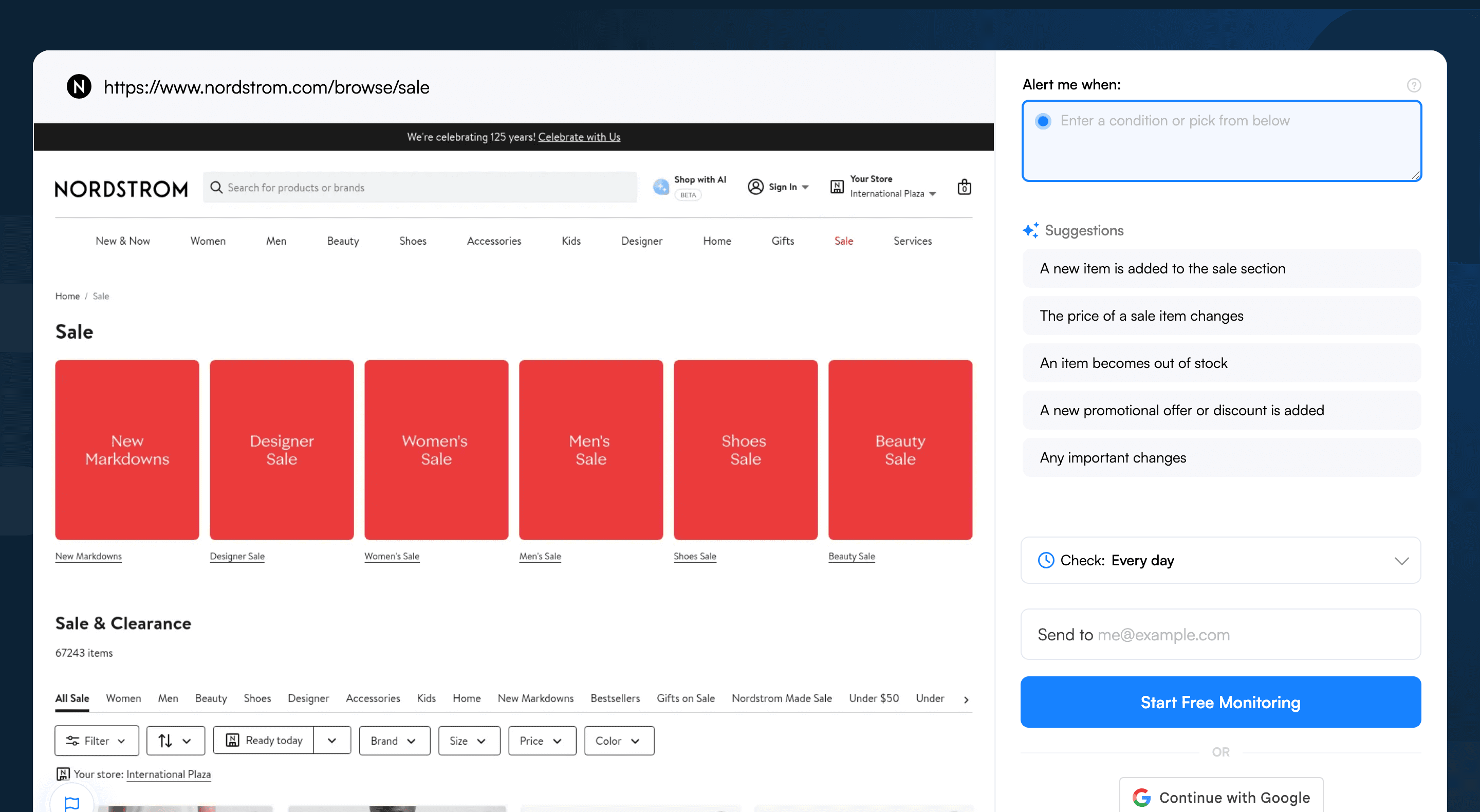 Visualping job creator with the Nordstrom sale URL pasted, showing the page preview and AI alert suggestions
