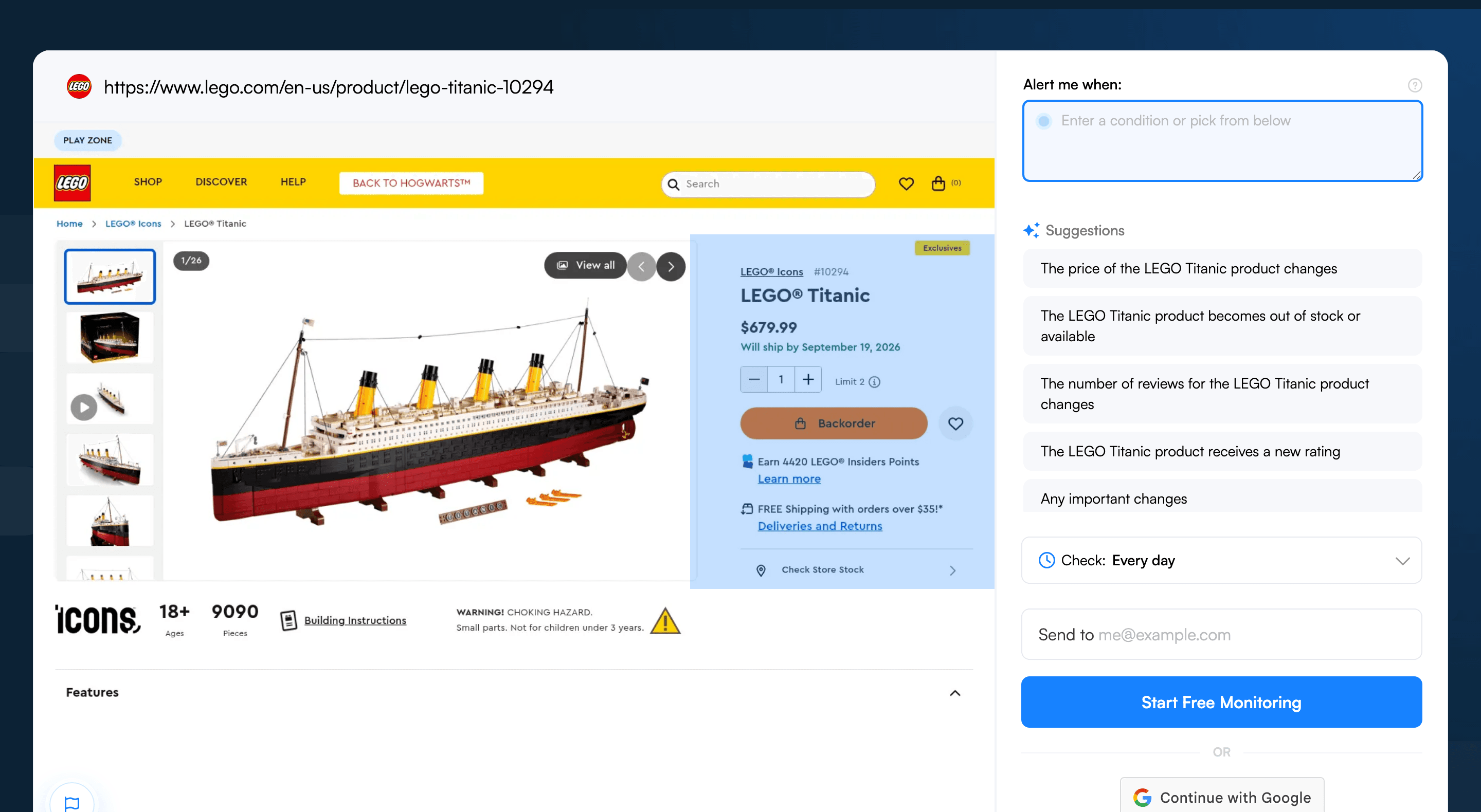 Visualping job creator with a product URL pasted, showing an out-of-stock LEGO product and AI alert suggestions