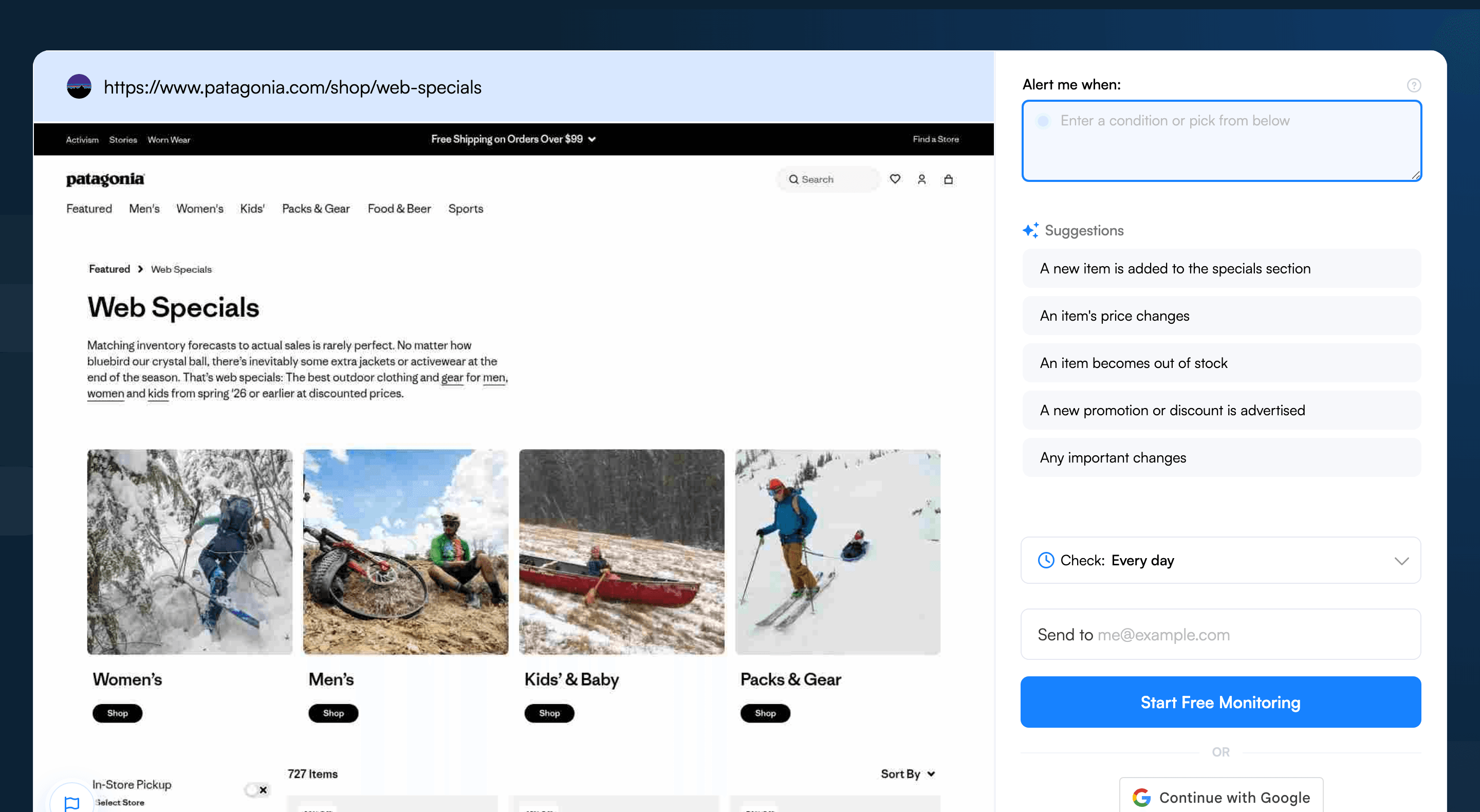 Visualping job creator with the Patagonia Web Specials URL pasted, showing the page preview and AI alert suggestions