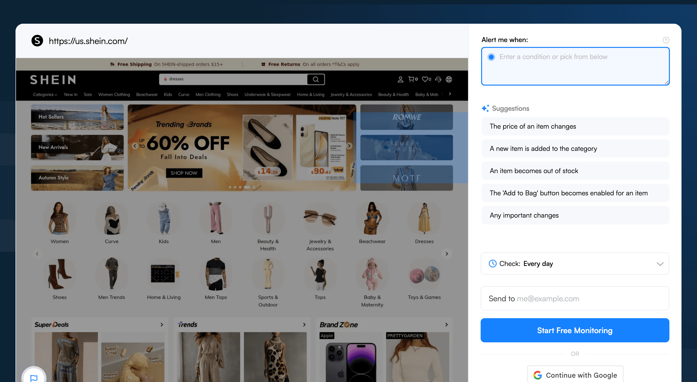 Visualping job creator with a Shein URL pasted, showing the page preview and AI alert suggestions