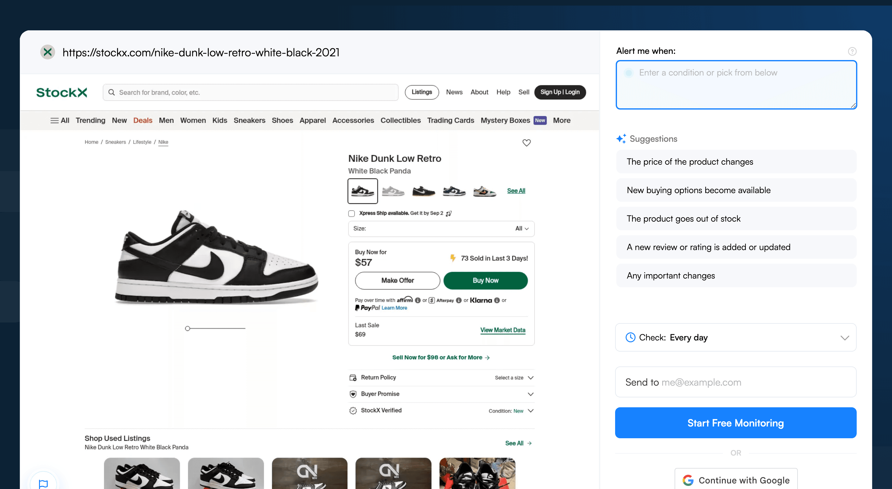 Visualping job creator with a StockX product URL pasted, showing live prices and AI alert suggestions