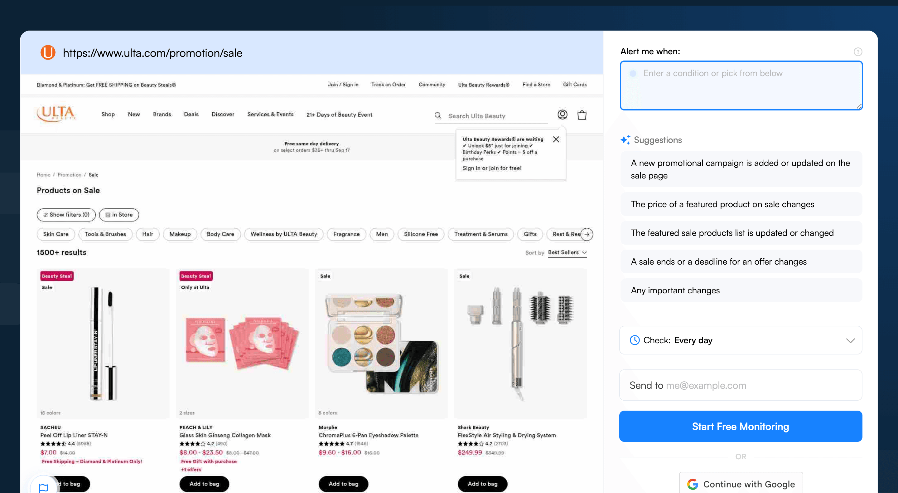 Visualping job creator with the Ulta sale URL pasted, showing the page preview and AI alert suggestions