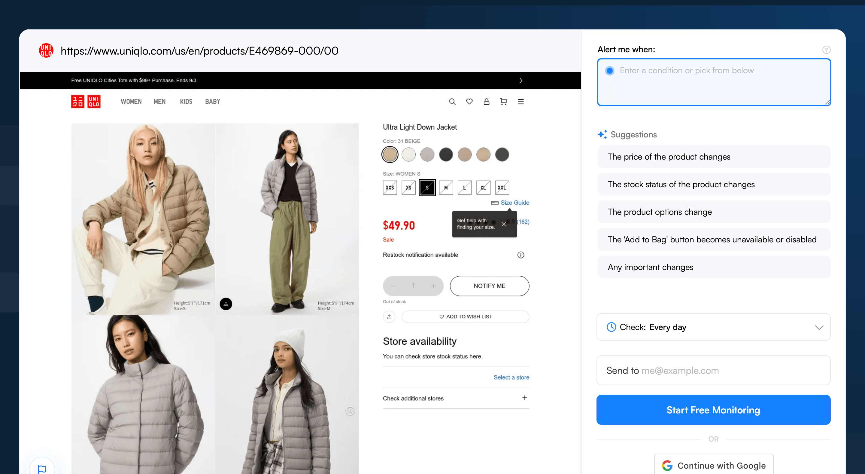Visualping job creator with a Uniqlo product URL pasted, showing an out-of-stock jacket and AI alert suggestions