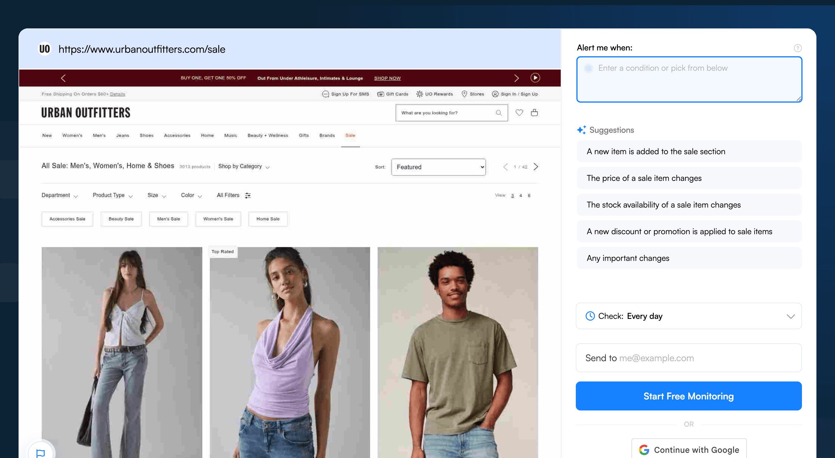Visualping job creator with the Urban Outfitters sale URL pasted, showing the page preview and AI alert suggestions