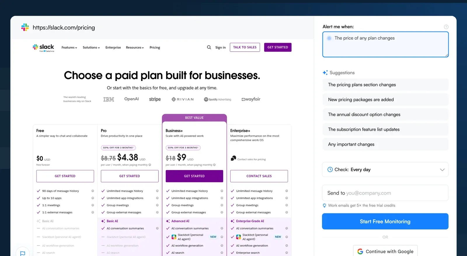 Visualping job creator with the Slack pricing page loaded and an alert criteria for plan price changes