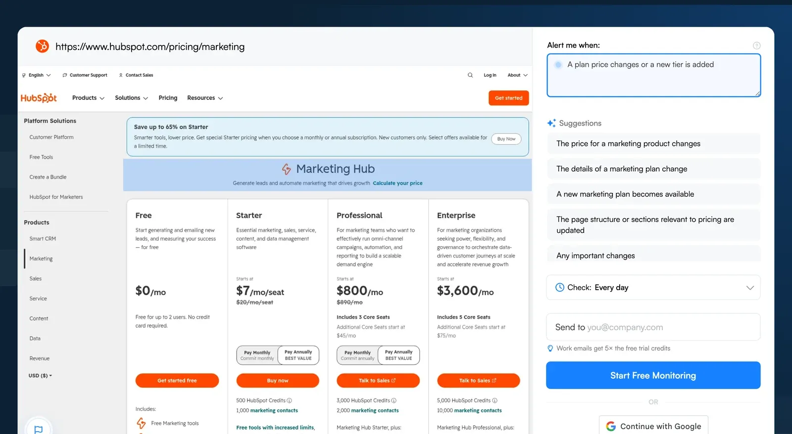 Visualping job creator with the HubSpot marketing pricing page loaded and an alert criteria for plan changes