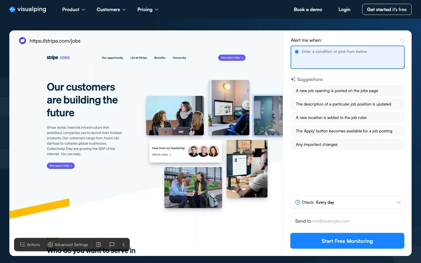 Visualping homepage showing how to set up job alerts for a company careers page