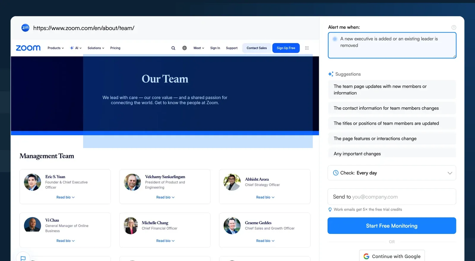 Visualping job creator with the Zoom leadership team page loaded and an alert criteria for executive changes