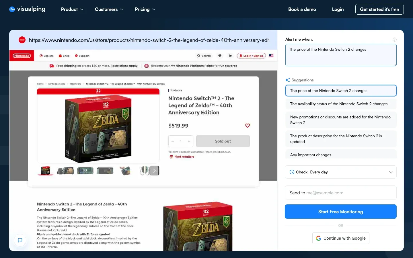 Visualping job setup for a Nintendo Switch 2 price tracker, with the Zelda 40th Anniversary Edition store page loaded and the alert condition set to the price changing