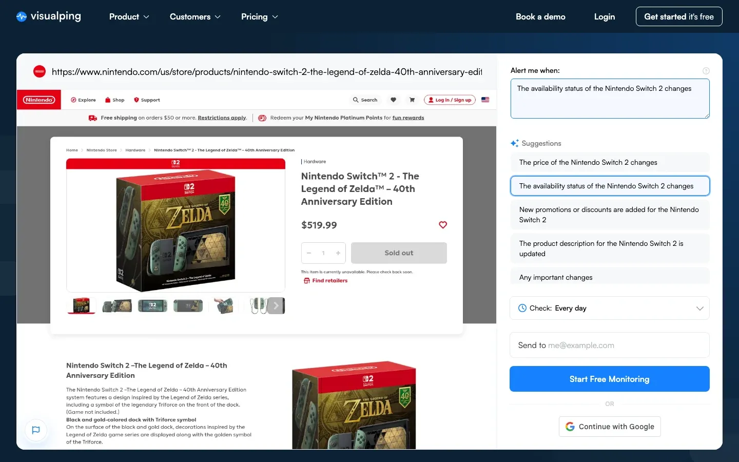 Visualping job setup for a Nintendo Switch 2 stock tracker, with the Zelda 40th Anniversary Edition page showing Sold out and the availability condition selected