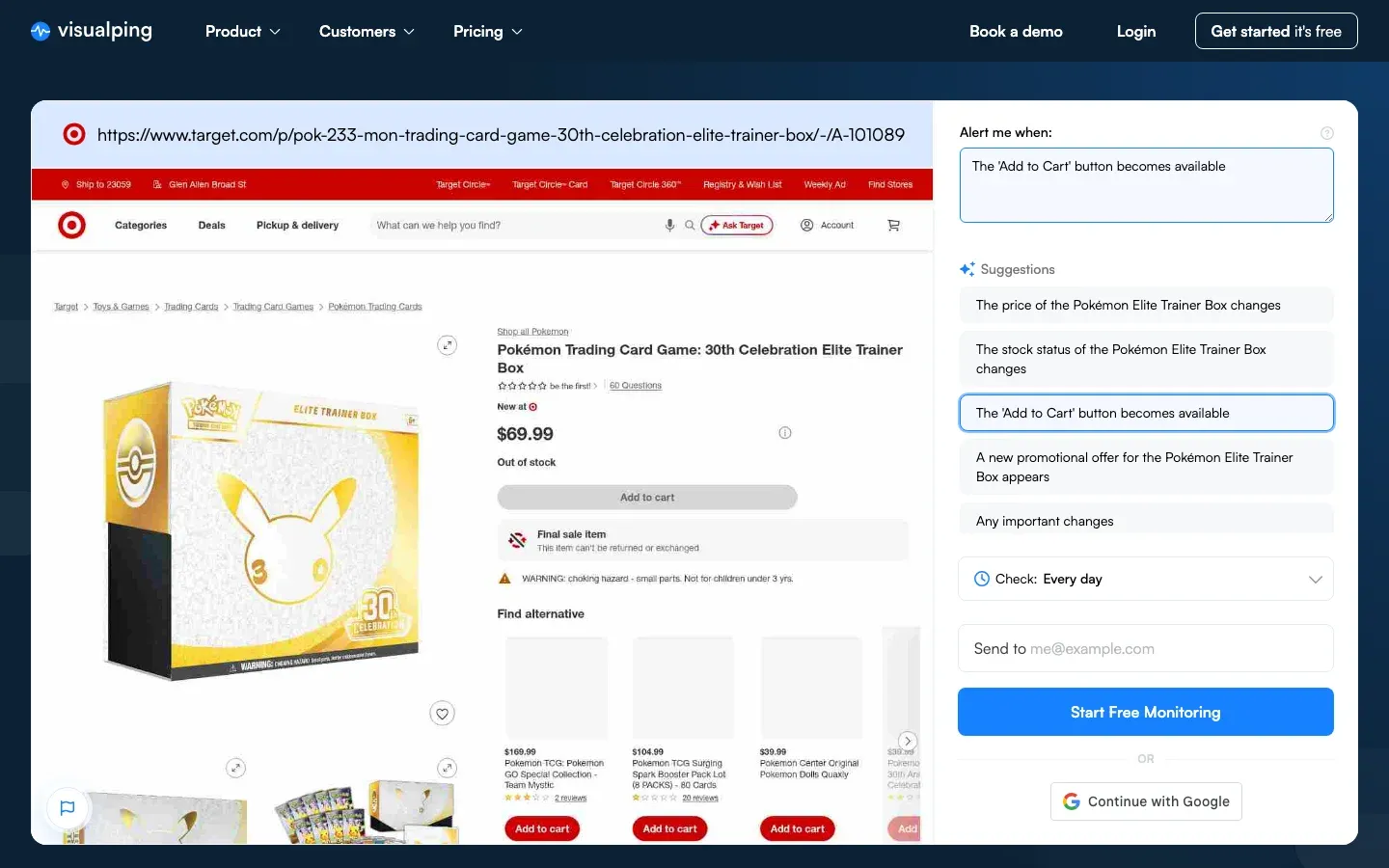 Visualping job creator monitoring the out-of-stock Target product page for the Pokemon 30th Celebration Elite Trainer Box, with the alert condition set to the Add to Cart button becoming available