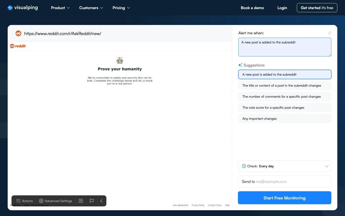 Visualping homepage showing job creation setup for Reddit alerts
