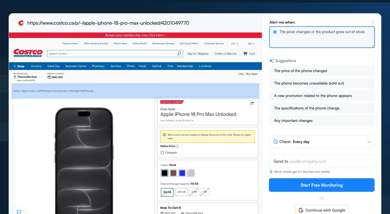 Visualping job creator with a Costco iPhone listing loaded and a price and stock alert criteria