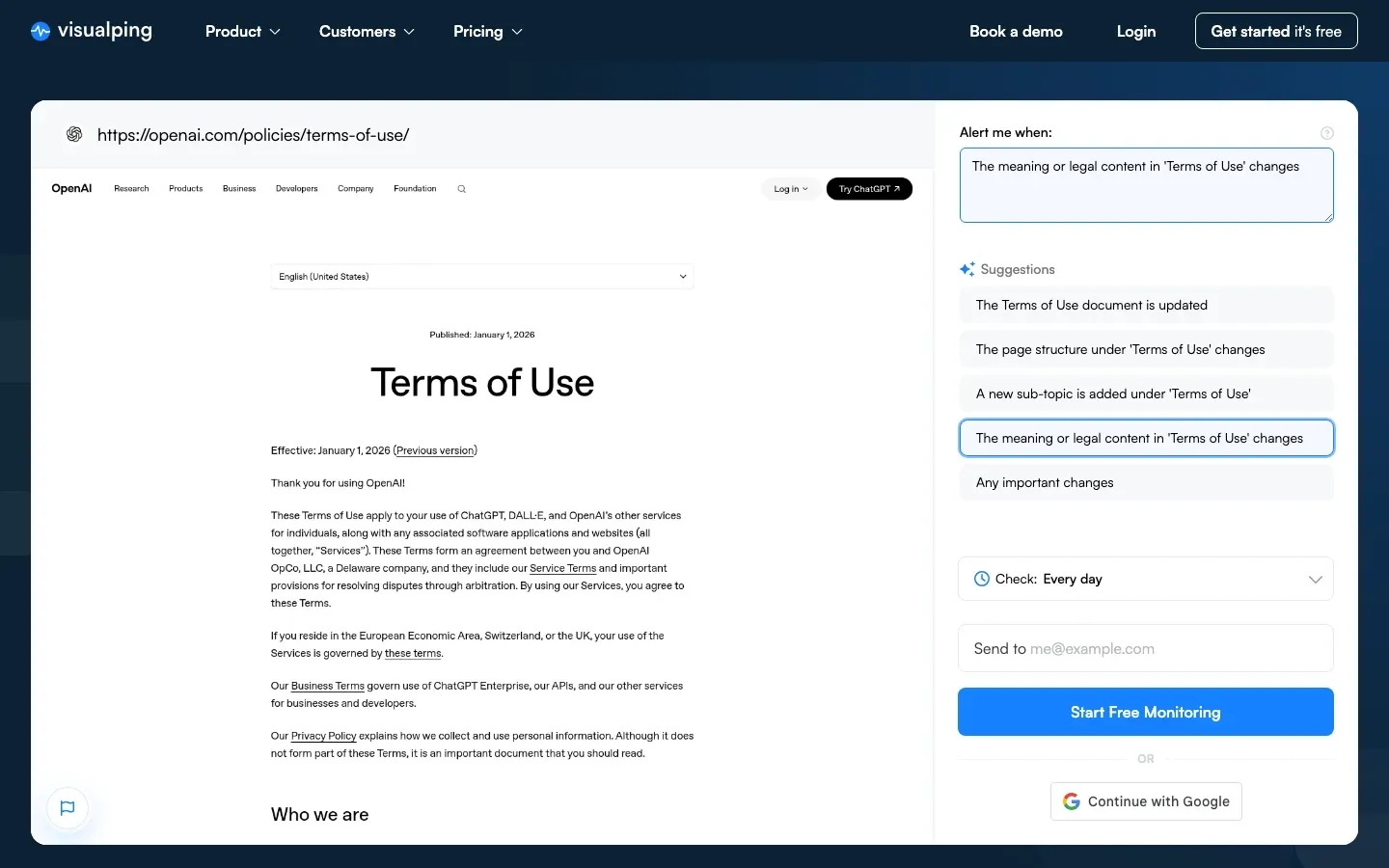 Visualping job setup for terms and conditions monitoring, with OpenAI's Terms of Use loaded and the condition set to the legal meaning of the document changing