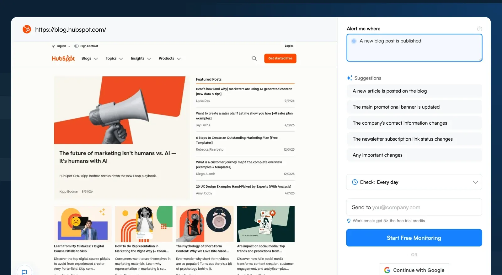Visualping job creator with the HubSpot blog loaded and an alert criteria for new posts