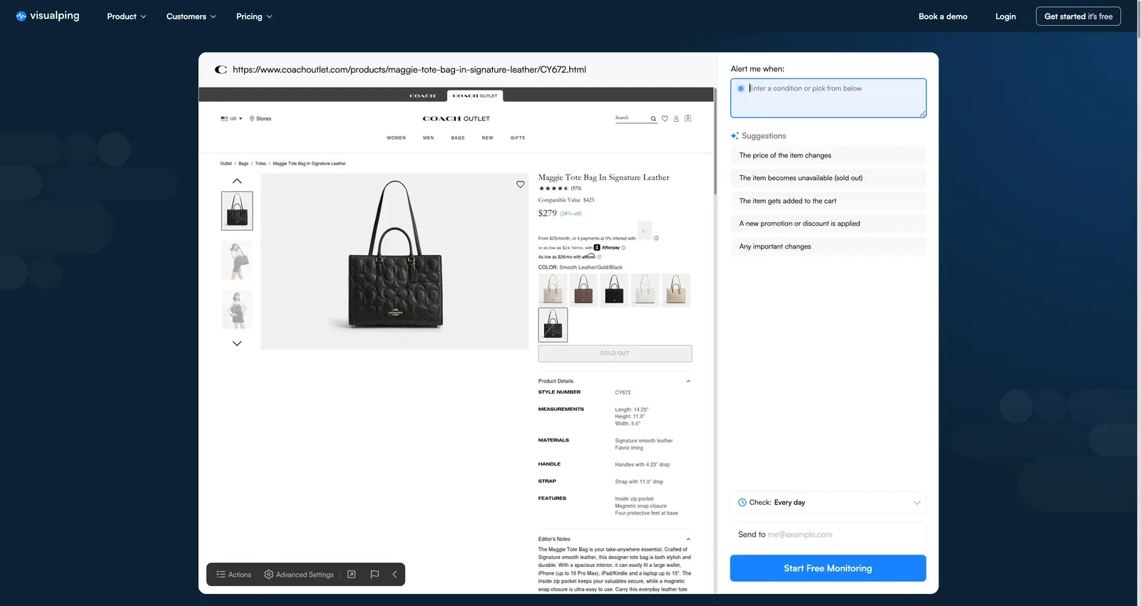 Visualping homepage with Coach Outlet product URL pasted and MindReader loading the preview