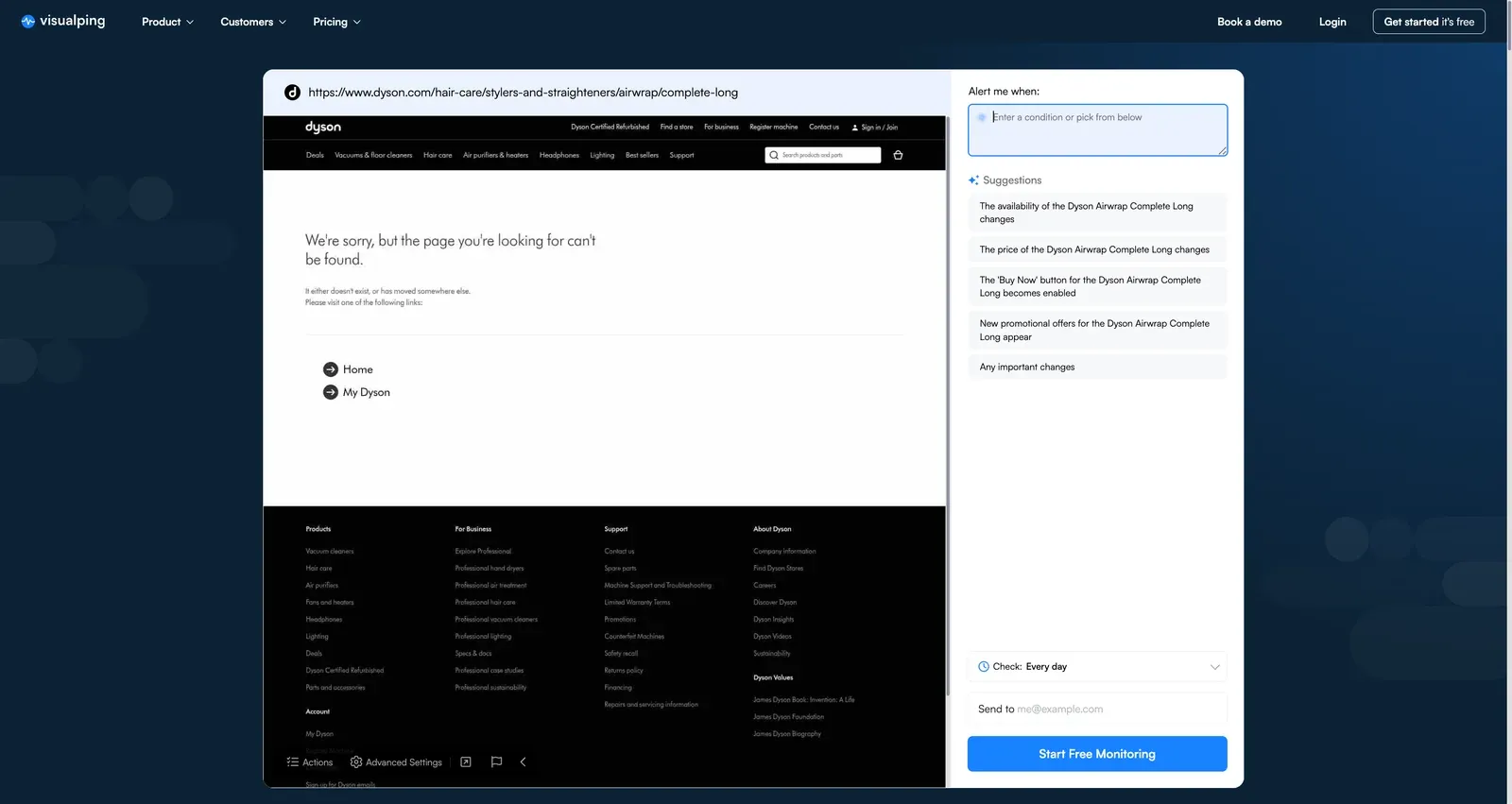 Visualping homepage with Dyson product URL pasted and MindReader loading the preview