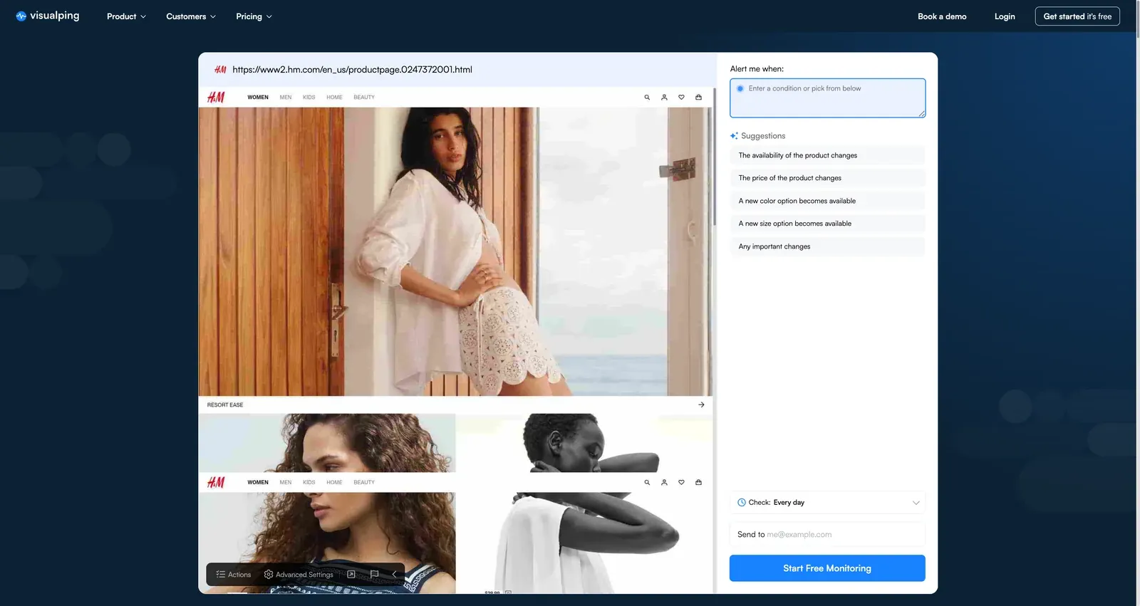 Visualping homepage with H&M product URL pasted and MindReader loading the preview