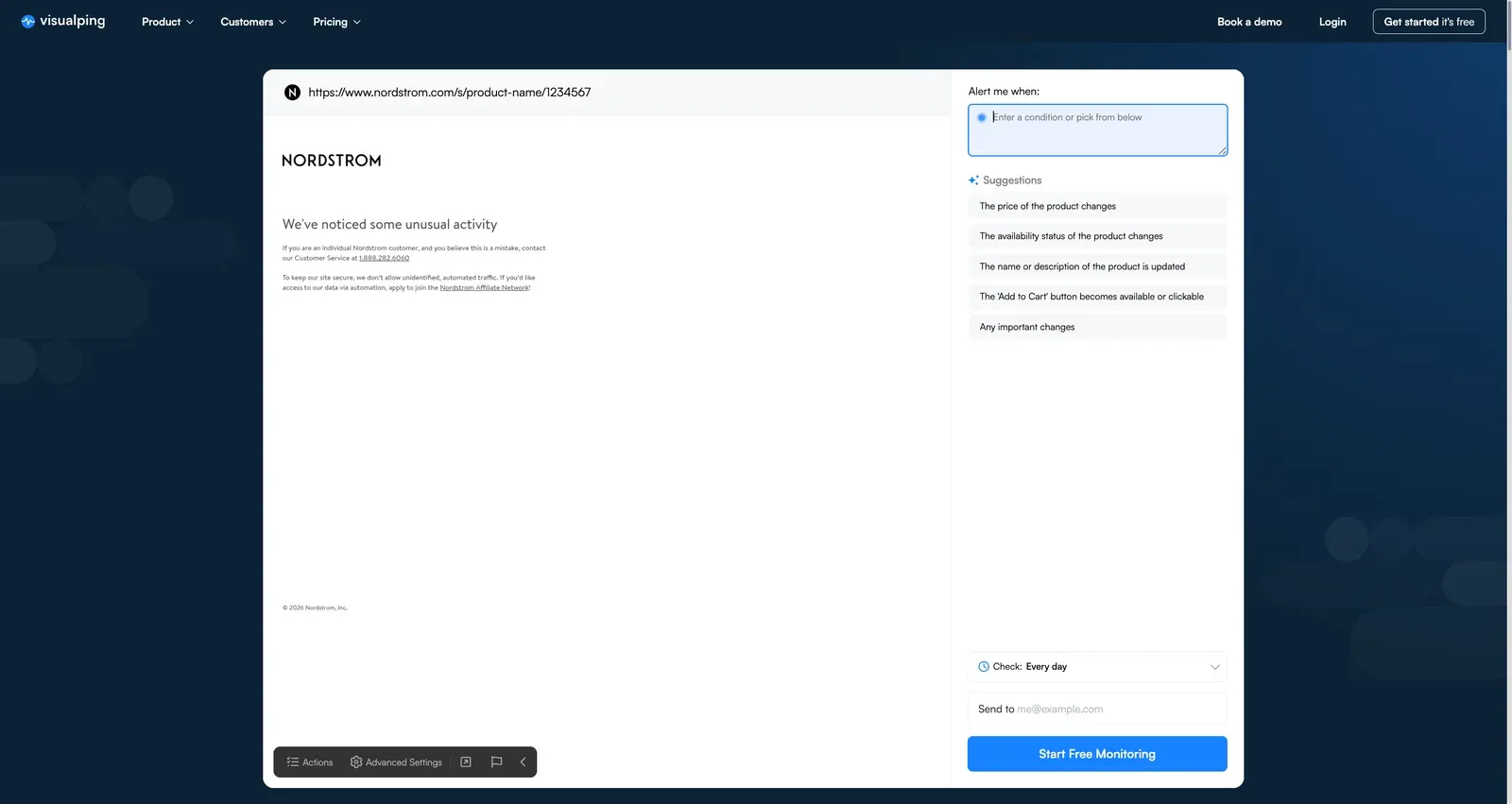 Visualping homepage with Nordstrom product URL pasted and MindReader loading the preview
